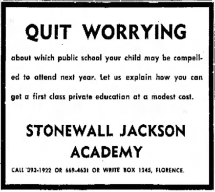 A 1970 advertisement for a segregation academy appealed to parents who were concerned about desegregation busing.
