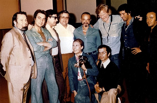 Astor Piazzolla with Gerry Mulligan at the Summit recording, Milan (Italy) 1974. The image includes the producer Aldo Pagani [it], first from the left