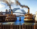 Kosciusko (left) as a steamer alongside Kubu (right) at Circular Quay in their post mid 1930s yellow and green livery, 1956