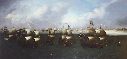 The Return of the Fleet, by Cornelis Vroom in the Royal Collection The Return of the Fleet with Charles I (1600-1649), when Prince of Wales in 1623 c.1623-30 RCIN 406193.jpg