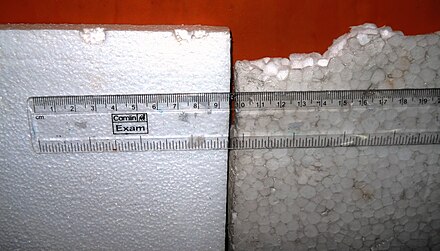 Thermocol slabs made of expanded polystyrene (EPS) beads. The one on the left is from a packing box. The one on the right is used for crafts. It has a corky, papery texture and is used for stage decoration, exhibition models, and sometimes as a cheap alternative to shola (Aeschynomene aspera) stems for artwork.
