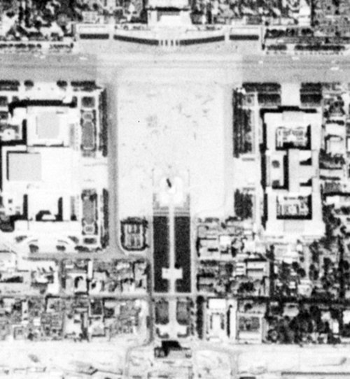 1967 satellite image of Tiananmen Square with the Tian'anmen gate to the north. Further work on the square was carried out in the 1970s to extend the 