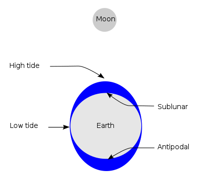 Simplified schematic of only the lunar portion of Earth's tides, showing (exaggerated) high tides at the sublunar point and its antipode for the hypothetical case of an ocean of constant depth without land, and on the assumption that Earth is not rotating; otherwise there is a lag angle. Solar tides not shown.