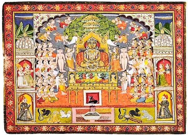 Miniature painting of Shantinatha surrounded by ascetics, devotees and animals, 18th century