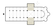 Floor plan of a Christian church of basilical form, with part of the transept shaded. Either the part of the nave lying to the west in the diagram or the choir may have a hall structure instead. The choir also may be aisleless. Transeptarm.PNG