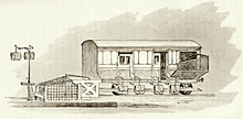 A TPO, circa 1890, showing the equipment used for transferring the mail bags to and from the train whilst it was travelling at full speed Travelling Post Office circa 1890.png