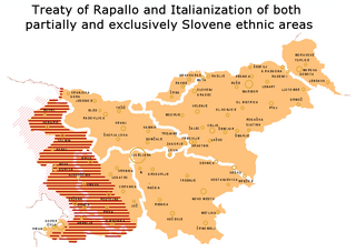 The annexed western quarter of Slovene ethnic territory, and approximately 327,000 out of the total population of 1.3 million Slovenes, were subjected to forced Fascist Italianization. On the map of present-day Slovenia with its traditional regions' boundaries. Treaty of Rapallo.png