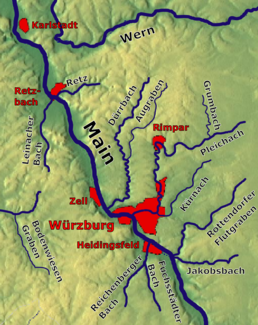 Die Pleichach im Raum Würzburg (Mitte rechts)