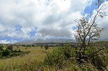 La savana che attornia il Tambora con il vulcano sullo sfondo sovrastato da nubi.