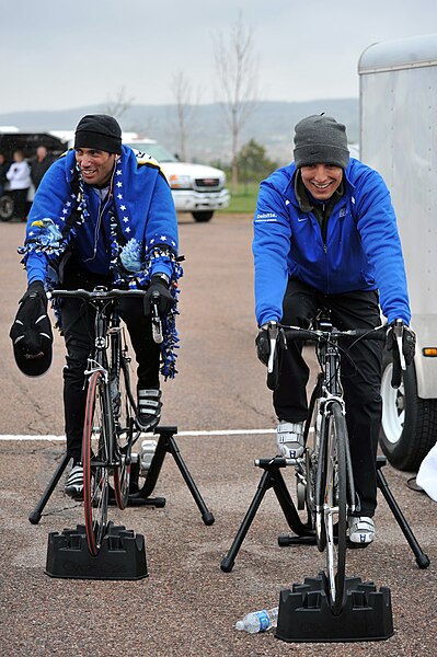 File:U.S. Air Force Staff Sgt. Marc Esposito, right, and Adam Tanverdi warm up on their bicycles before competing in the 20-kilometer upright bike race during the inaugural Warrior Games at the Olympic Training 100513-F-QE915-110.jpg