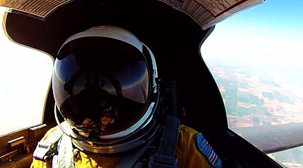 A pilot in a U-2 cockpit. Note the pressure suit worn by the pilot, similar to that used in the Lockheed SR-71.