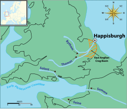 Map showing the location of Happisburgh during the Early Pleistocene, approximately 800,000 years ago UK Happisburgh c. 800000 BP EN.svg