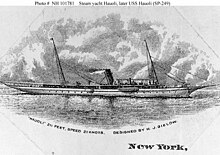 Hauoli (U.S. Steam Yacht, 1903) engraving, probably depicting it as originally built. Later named California, it was acquired by the United States Navy and commissioned as USS California (SP-249). USS Hauoli SP-249.jpg