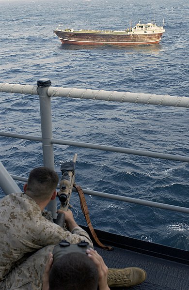 File:US Navy 031029-N-6939M-004 Visit Board Search and Seizure (VBSS) teams, supported by the USS Port Royal (CG 73) and a Marine boarding element provided by the 13th Marine Expeditionary Unit (MEU), board the Raj Ratan.jpg