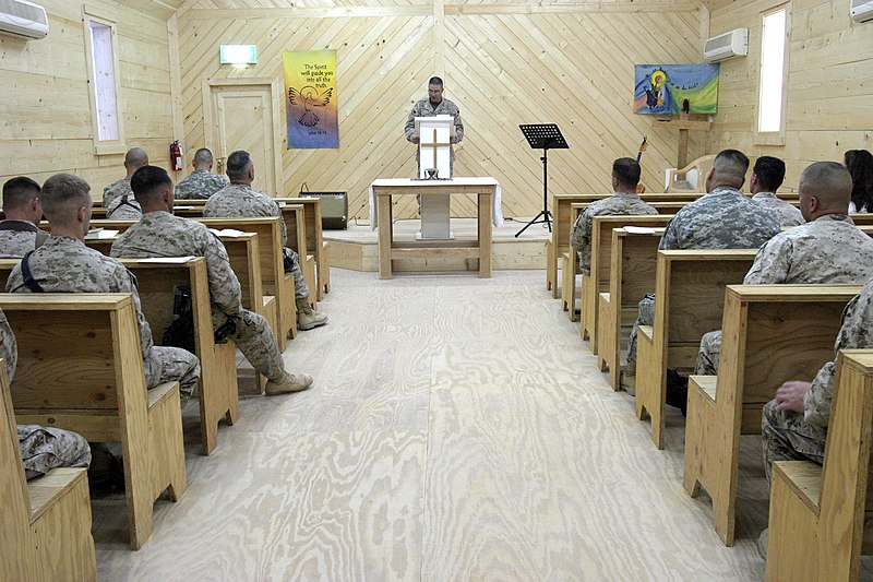 File:US Navy 051211-M-7772K-047 Second Marine Division Chaplain, U.S. Navy Capt. Bryan J. Weaver, speaks during a church service at Regimental Combat Team 2's Chapel at Camp Ripper in Al Asad, Iraq.jpg