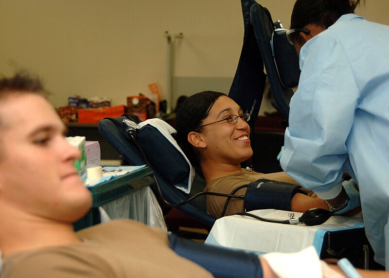 File:US Navy 081122-N-8816D-160 EACA Joseph Turner, foreground, and YNSA Crystal Morales, both assigned to NMCB-133, are monitored by HM3 Calvanna Major, assigned to U.S. Pacific Command's Armed Services Blood Bank Center, during a.jpg