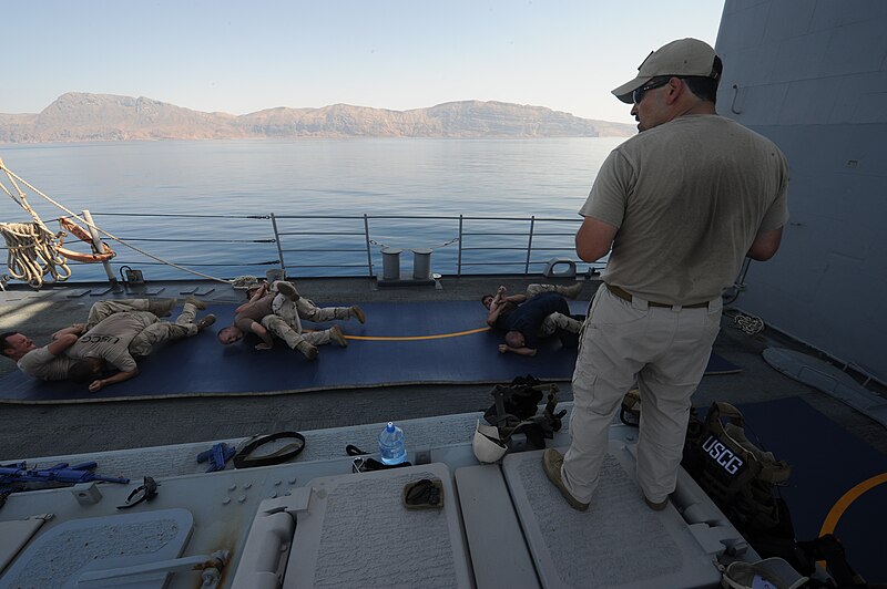 File:US Navy 090926-N-4154B-257 A combined team of U.S. Navy visit, board, search and seizure team members from the guided-missile cruiser USS Anzio (CG 68) and members of U.S. Coast Guard Maritime Safety and Security Team conduct w.jpg