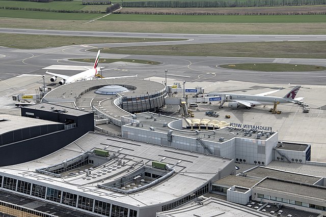 Concourse D seen from the tower showing the Airbus A380 parking position