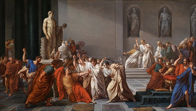 The Death of Julius Caesar, as depicted by Vincenzo Camuccini. Caesar was assassinated on the Ides of March (15 March) 44 BC. Vincenzo Camuccini - La morte di Cesare.jpg