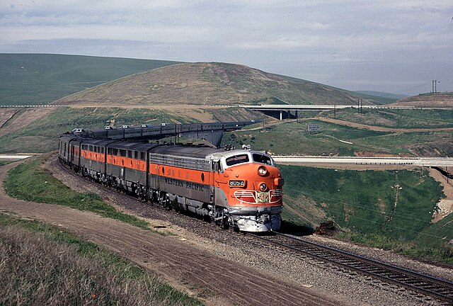 An EMD FP7 leads the California Zephyr east through Altamont Pass in 1970