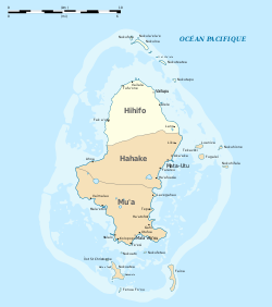 Map of Wallis Island showing the 3 districts:Hihifo is located in the north