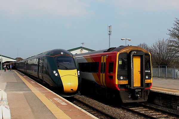 A Great Western Railway Class 800 from London Paddington and a South Western Railway Class 159 going to London Waterloo