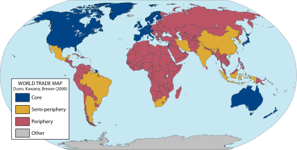 A world map of countries by their supposed trading status in 2000, using the world system differentiation into core countries (blue), semi-periphery countries (yellow) and periphery countries (red). Based on the list in Chase-Dunn, Kawana, and Brewer (2000). World trade map.svg