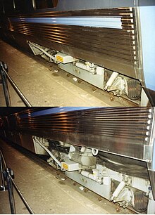 The X 2000 train on a US tour at Chicago Union Station, Illinois, in 1993. This composite image shows the extent to which the train can tilt in either direction. X2000 in Chicago showing tilting ability.jpg