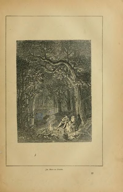 Illustration : Un jeune homme en habit de paysan et une jeune fille, assis dans un sous bois devant un feu de camp qui les éclaire la nuit.
