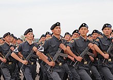 Kyrgyz Internal Troops during a rehearsal for a Victory Day Parade in Bishkek in 2015. MVD Kyrgyzstana na parade.jpg