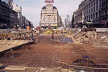 Construction of the Brussels Metro at the Place de Brouckere/De Brouckereplein, 1974 1974 Place De Brouckere lors de la construction de la station de metro (12218258016).jpg