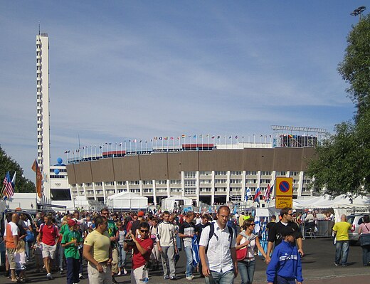 Helsinki Olympisch Stadion tijdens WK atletiek 2005.