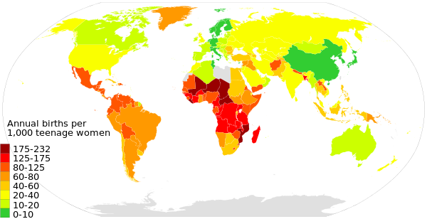 Birth rates per 1,000 women aged 15–19 years, worldwide.