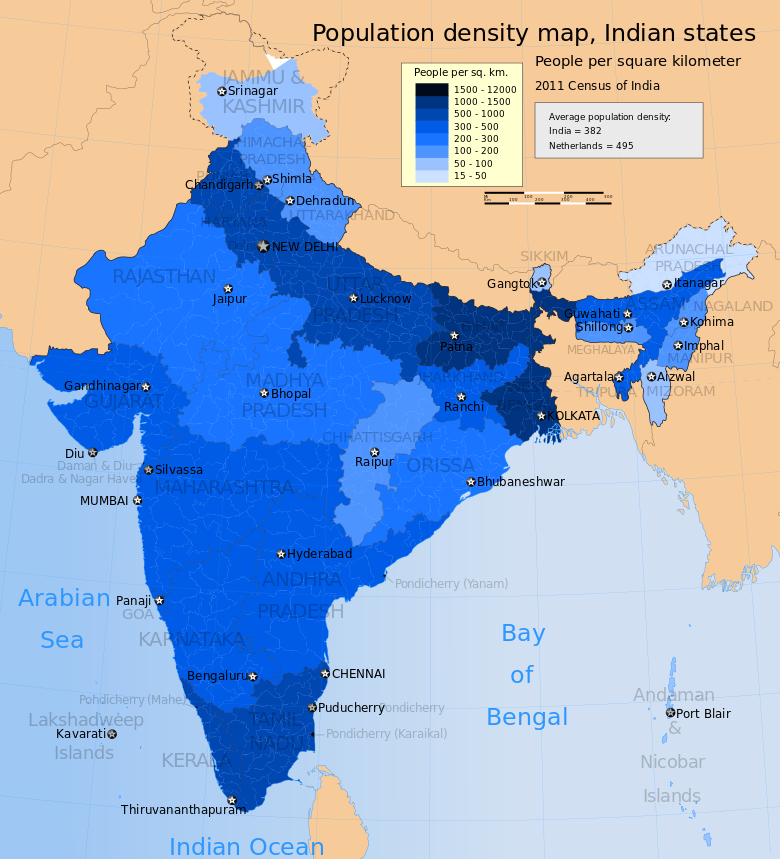 Map showing the population density in India, per 2011 Census.[93]
