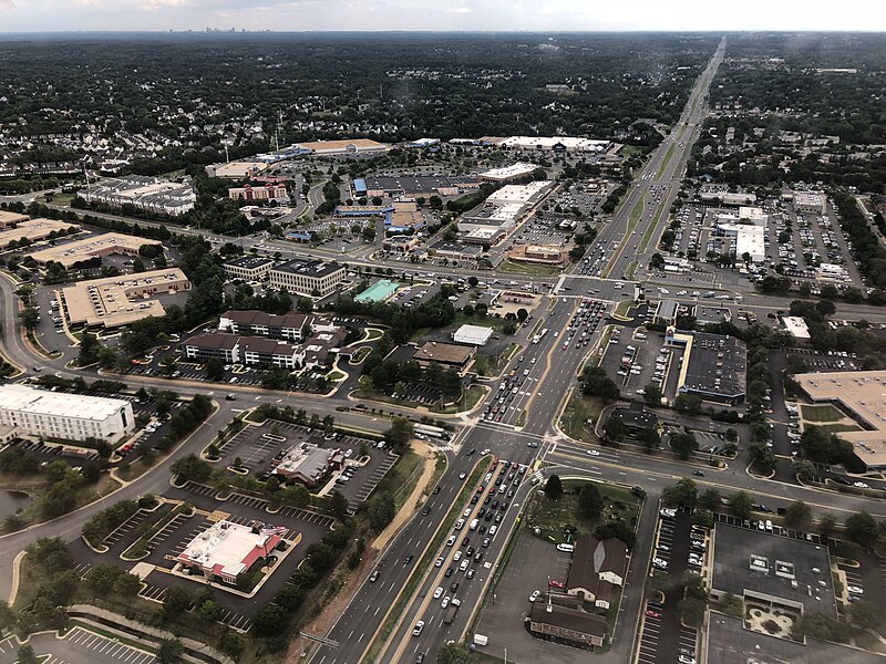 File:2019-07-22 15 59 39 View east along U.S. Route 50 (Lee Jackson Memorial Highway) at Sullyfield Circle, Centerview Drive, Centreville and Walney Roads in Chantilly, Virginia, viewed from a plane heading for Washington Dulles International Airport.jpg
