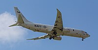 A Boeing P-8 Poseidon, tail number 168761, on final approach at Kadena Air Base in Okinawa, Japan. It is assigned to Patrol Squadron 45 (VP-45) at NAS Jacksonville, Florida, United States.