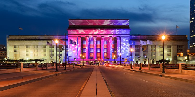 30th Street Station, lit up for the 2016 Democratic National Convention