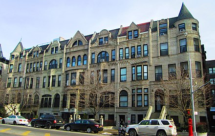 Row houses at 718 (right)-730 (left) St. Nicholas Avenue at West 146th Street, which were built in Romanesque Revival style between 1889 and 1890