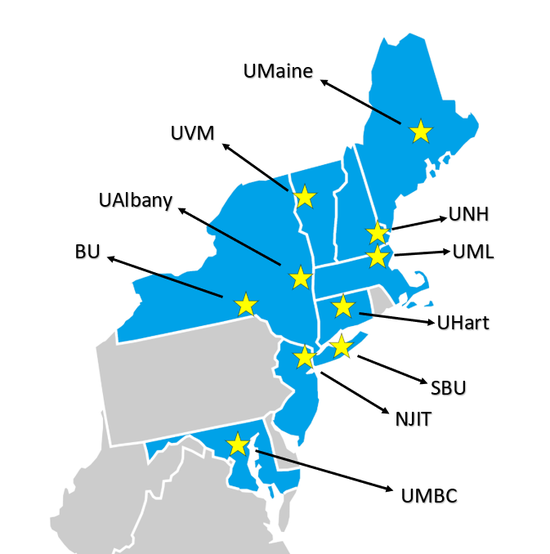 Locations of America East Conference full member institutions 2020-22.
