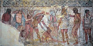 Fresco in the Francois Tomb (4th century BC) Achilles' Sacrifice of Trojan Prisoners.jpg