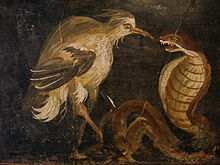 Heron and cobra. Ancient Roman fresco from House of Epigrammes, Pompeii (45–79 d.C.), Italy