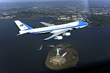 This picture of the plane during the photo op was released by the Department of Defense. See also the original unaltered photo. Air Force One photo op incident- altered by DoD.jpg