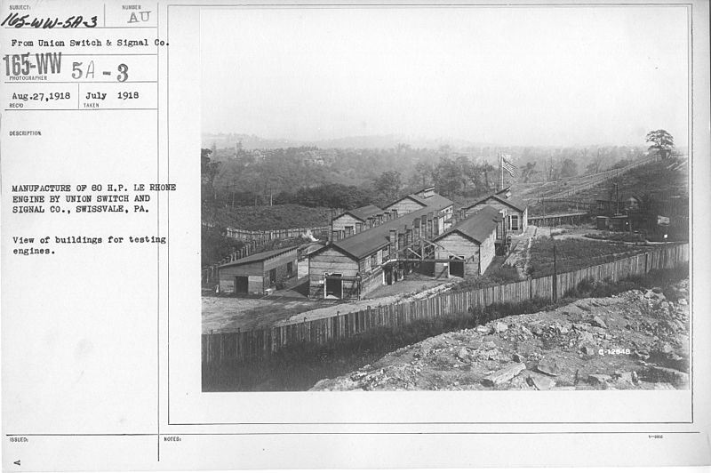 File:Airplanes - Engines - Manufacture of 80 H. P. LE Rhone engine by Union Switch and Signal Co., Swissvale, PA. View of buildings for testing engines - NARA - 17338655.jpg