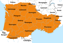L'espace linguistique de l'ancien occitan correspond grosso modo aux espaces politiques romains (Septem Provinciae) et francs (Royaume d'Aquitaine) avant le second projet de partage de l'Empire de Charlemagne en trois Francies.