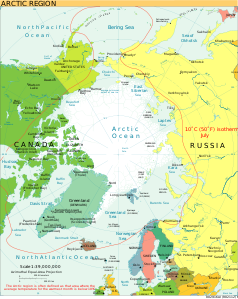 Mapa konturowa Arktyki, blisko centrum na lewo znajduje się punkt z opisem „Qaanaaq”