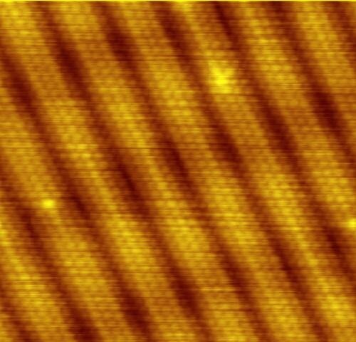 Scanning tunneling microscope image showing the individual atoms making up this gold (100) surface. The surface atoms deviate from the bulk crystal st