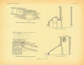 A group of four sketches showing burial wells and tomb structures