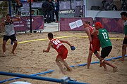 Deutsch: Beachhandball bei den Olympischen Jugendspielen 2018; Tag 5, 10. November 2018; Jungen, Hauptrunde - Ungarn-Portugal 0:2 English: Beach handball at the 2018 Summer Youth Olympics at 11 October 2018 – Boys Main Round – Hungary-Portugal 0:2