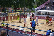 Deutsch: Beachhandball bei den Olympischen Jugendspielen 2018; Tag 4, 10. Oktober 2018; Jungs, Vorrunde, Gruppe A - Spanien-Venezuela 2:0 English: Beach handball at the 2018 Summer Youth Olympics at 10 October 2018 – Boys Preliminary Round Group A – Spain-Venezuela 2:0