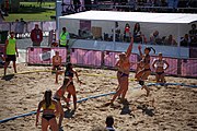 Deutsch: Beachhandball bei den Olympischen Jugendspielen 2018; Tag 3, 10. Oktober 2018; Mädchen, Vorrunde, Gruppe B - Niederlande-Argentinien 2:0 English: Beach handball at the 2018 Summer Youth Olympics at 10 October 2018 – Girls Preliminary Round Group B‎ – Netherlands-Argentina 2:0